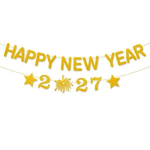 Gold glitter Happy New Year 2027 banner for festive party decoration shown in detail