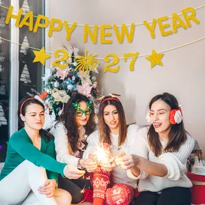 Gold glitter Happy New Year and 2027 banner for festive party decorations
