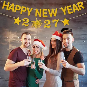 Glittery gold Happy New Year 2027 banner for festive party celebration decorations