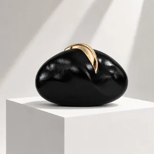 Unique pebble-shaped black PU leather evening clutch bag with gold crescent metal clasp