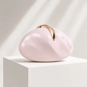 Minimalist pink pebble-shaped PU evening clutch bag with gold crescent clasp