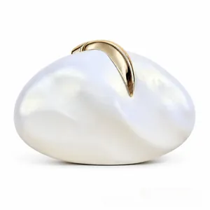 Elegant white iridescent pebble-shaped evening clutch bag with gold metallic clasp