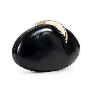 Elegant black oval PU leather evening clutch bag featuring a stylish gold crescent clasp