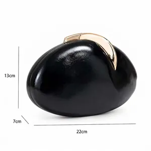 Fashionable black pebble-shaped PU leather evening clutch bag with gold clasp