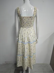 Elegant French style floral maxi dress with smocked back and light blue tiered lace trim detail