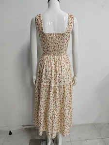 Back view of a French floral print dress with smocked bodice and tiered skirt detail.