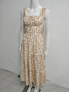 Front view of a floral print square neck ruffled spaghetti strap maxi dress on mannequin