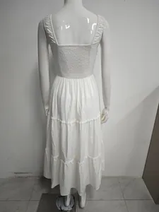 Back view of a white tiered midi dress with smocked back and ruffled straps