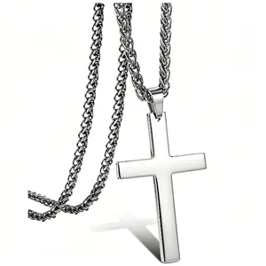 Polierte Edelstahl-Kreuz-Halskette für Herren mit robuster Weizenkette Schmuck.