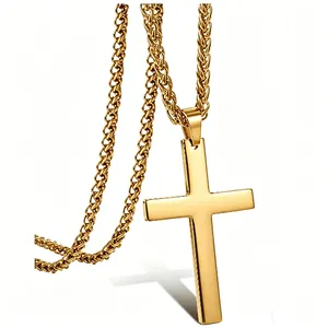 Vergoldete Edelstahl-Kreuz-Halskette mit dicker Weizenkette für modebewusste Herren