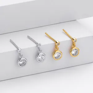 Elegant minimalist S925 sterling silver stud earrings with shiny circular zircon charms