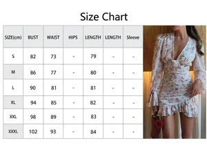 Guide des tailles pour robe fleurie à col en V avec mesures du buste et du dos en cm.