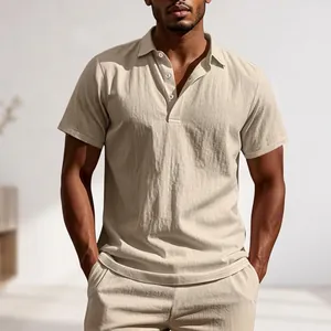 Men Short Sleeve Polo Shirt Linen Blend Breathable Summer Beach Casual Solid Color Lapel Button Top