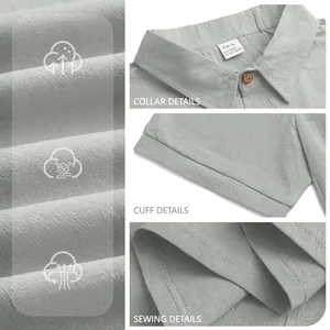 Men's breathable light grey linen short sleeve polo shirt with collar and button details