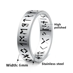 6mm stainless steel Viking rune ring with a high polished finish and a hollow design