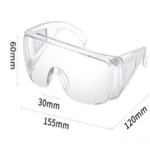Technical drawing of transparent anti-fog safety goggles with precise size measurements in mm
