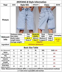 Size chart for light blue denim knee-length shorts showing waist and hip measurements.