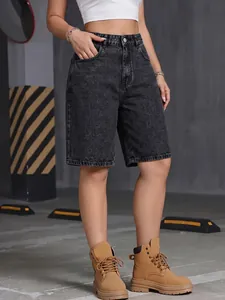 Stylish women's minimalist dark grey denim bermuda shorts with a flattering high waist cut
