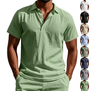 Detail of breathable men's linen polo shirt showing fabric texture and multiple colors