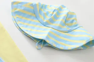 Nahaufnahme zeigt die Textur des blau-gelb gestreiften UV-Schwimmhutes für Kinder