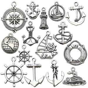 Antique silver nautical ocean series charms including anchors and rudders for DIY jewelry