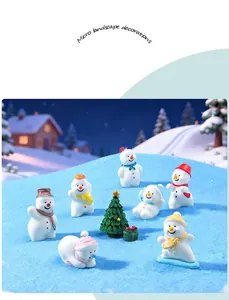 Detailed macro view of miniature Christmas snowman figurines in a snowy winter scene