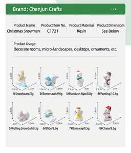 Detailed size specifications for a set of eight resin Christmas snowman miniature landscape figurines