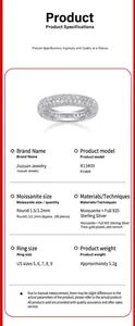 Detailed product specifications of full diamond moissanite ring in 925 sterling silver