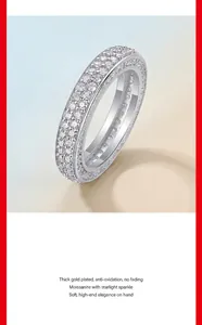 Close-up detail of a silver eternity band ring encrusted with moissanite stones