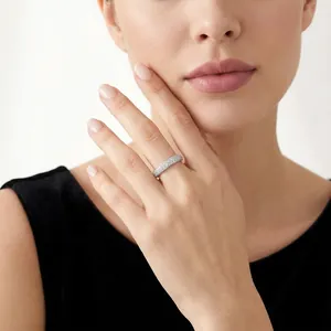 Elegant 925 sterling silver moissanite eternity band ring shown on model's hand