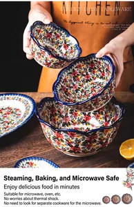 Detailed view of retro daisy pattern ceramic bowls, microwave and oven safe porcelain.