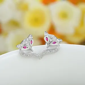 Elegant fox-shaped S925 sterling silver earrings with pink zircon eyes