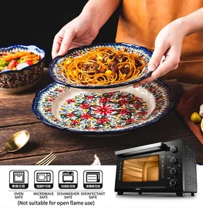Close-up of vintage daisy pattern ceramic plates with oven and microwave safe icons.