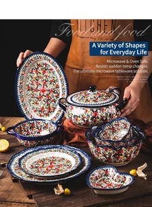 Detail view of exotic daisy pattern ceramic tableware set with pot, bowls and plates