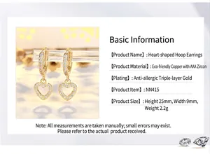 Detailed specifications of gold-plated pavé heart hoop earrings with dimensions and material info