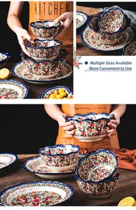 Close-up detail of vintage ceramic tableware set with vibrant daisy floral patterns