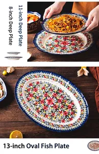 Detail view of 8, 11, and 13-inch ceramic floral plates for pasta and grilled fish.
