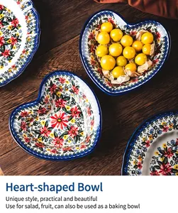 Detailed view of heart-shaped ceramic bowls with vintage floral daisy patterns.