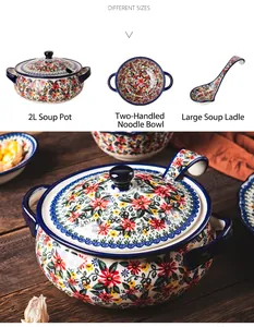 Detailed view of 2L ceramic soup pot featuring retro exotic daisy floral pattern design