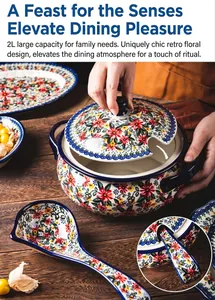 Vintage daisy ceramic soup pot and spoon set with 2L capacity, ideal for family table service.