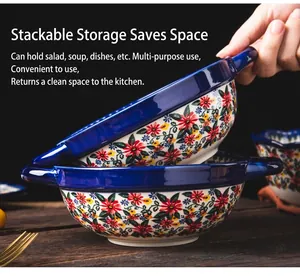 Stackable floral ceramic bowls featuring vibrant daisy patterns and blue rim handles