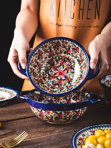 Elegant vintage ceramic bowl with exotic daisy pattern and double handles for home dining