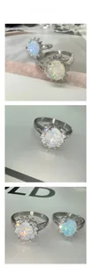 Détail bague tournesol en acier inoxydable avec opale ronde et cristaux brillants