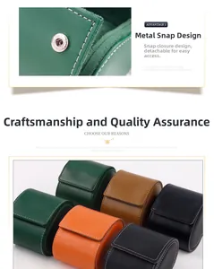 Detail des Metalldruckknopfverschlusses und Farben der ovalen Uhrenbox aus PU-Leder.