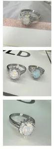 Close-up of stainless steel sun flower ring featuring round opal and halo crystals