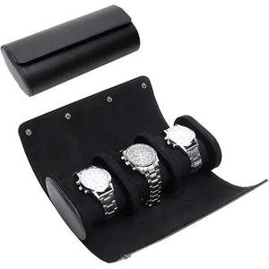 Premium portable black leather watch roll travel case for three luxury timepieces