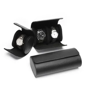 Professional black leather watch travel storage case with 1, 2, and 3 slot options.