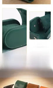 Nahaufnahme der grünen ovalen PU-Leder-Uhrenbox mit weichem Samtfutter und Druckknopf