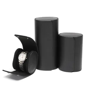 Premium portable black leather watch travel roll cases for single and multiple watches