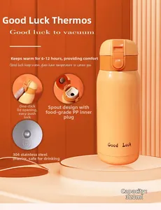 Infographic of orange 320ml vacuum flask detailing 304 stainless steel liner and lid mechanism